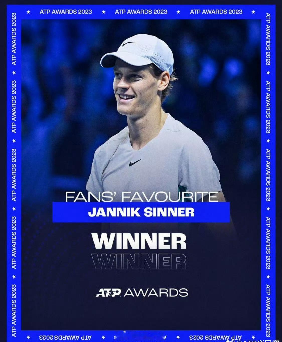 辛纳的ATP奖项（加上年终第一）：2019-年度最佳新人2023-年度进步最快球