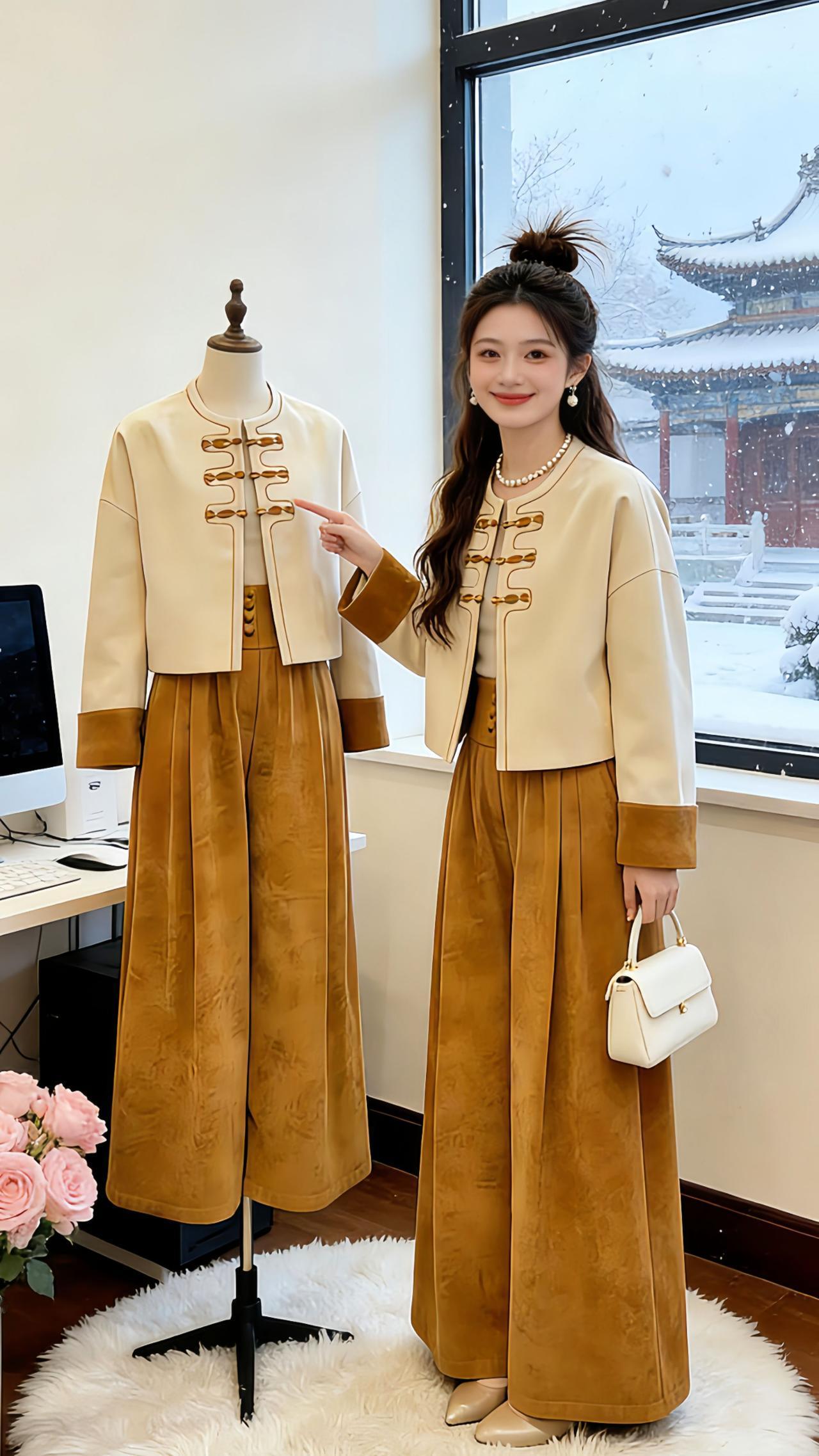 Danny在飘雪的中式窗边挖到这套新中式套装啦～盘扣上衣的复古撞色设计超有韵味，