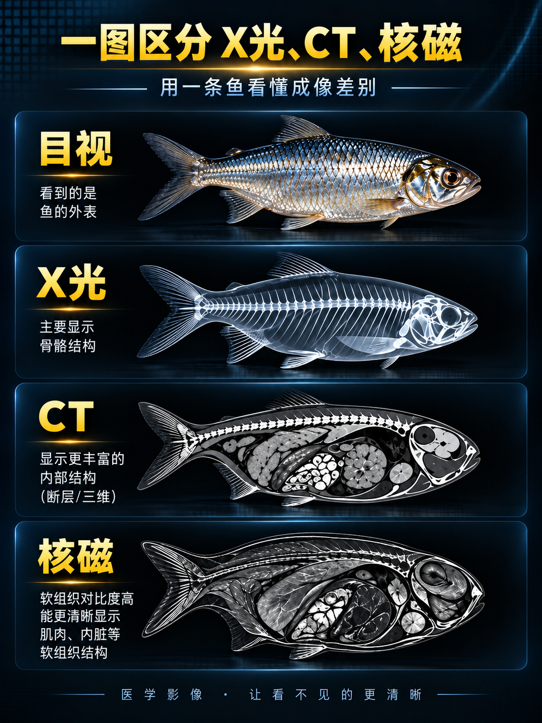 【一图区分：X光、CT、B超、MR（核磁）】记住下面几句话就够了。 ① X光：像