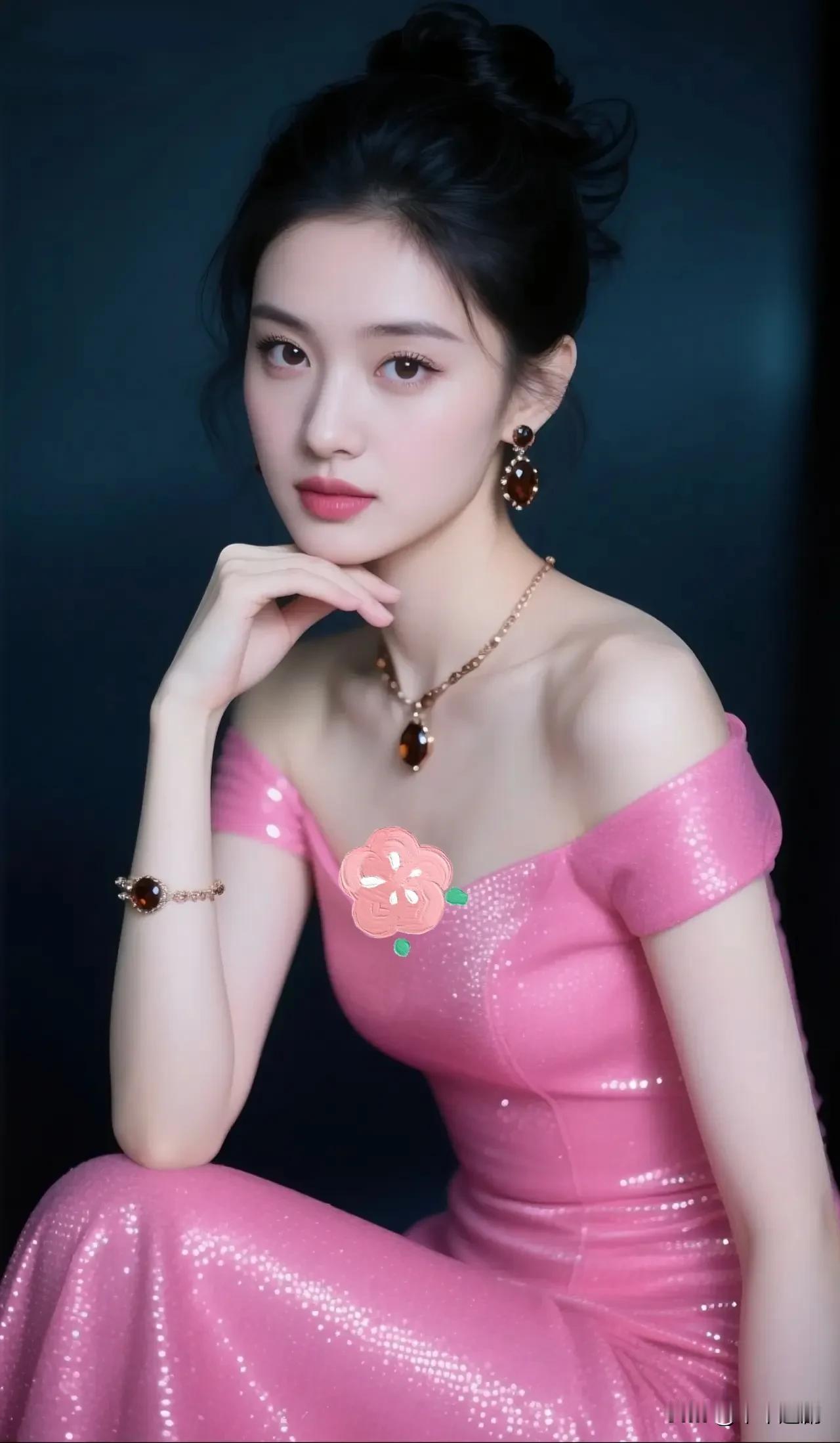 什么样的穿搭可以成为气质女神? 玫粉亮片露肩礼裙衬着纯黑背景，琥珀钻饰点缀揉出明