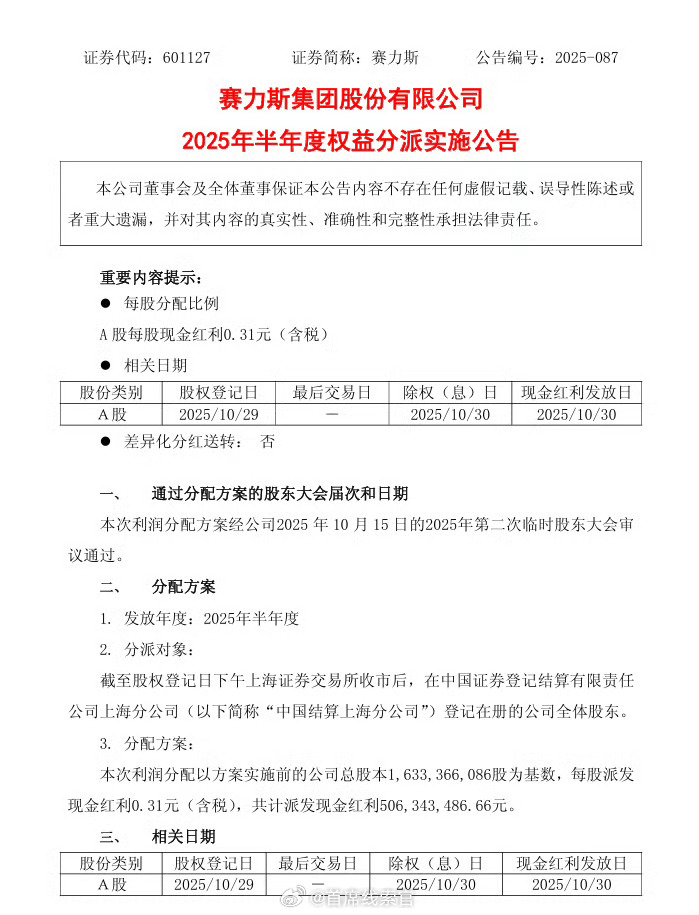 赛力斯公告称，2025 年半年度权益分派方案已获 2025 年第二次临时股东大会