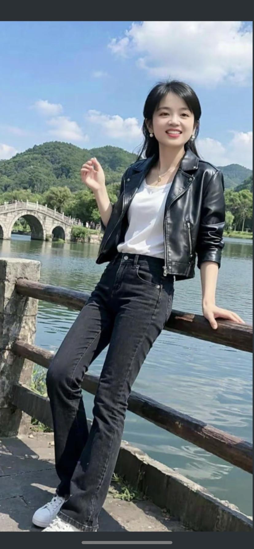 阳光明媚，她靠在桥边微笑。