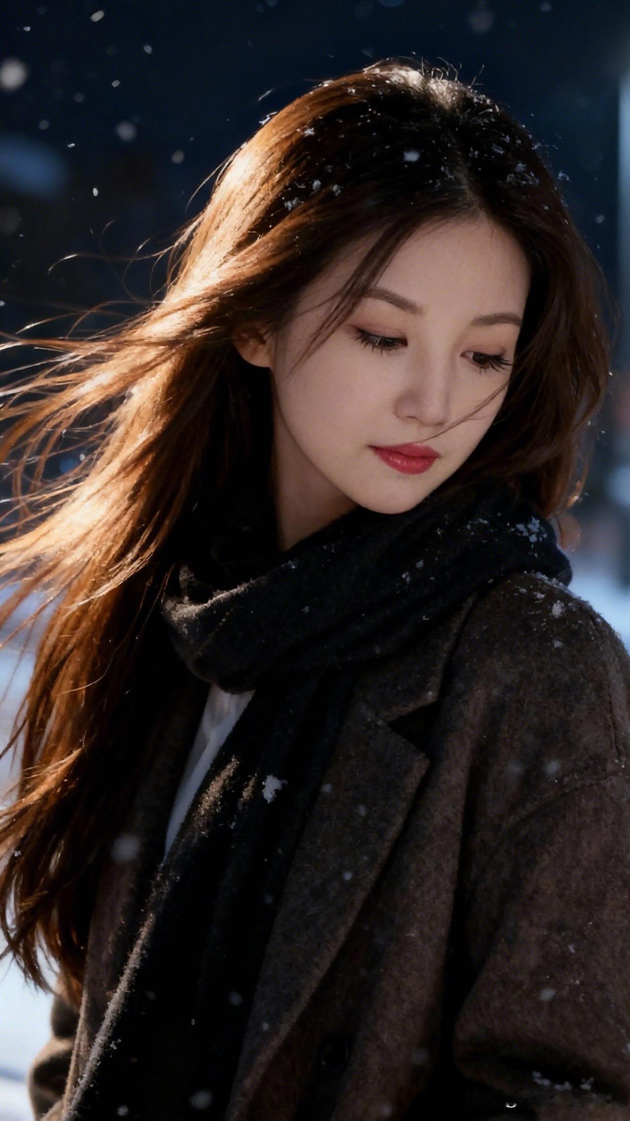 美人雪中立，风里思绪长。跟女明星学穿搭 冬日暖阳下，雪中漫步的温柔女子