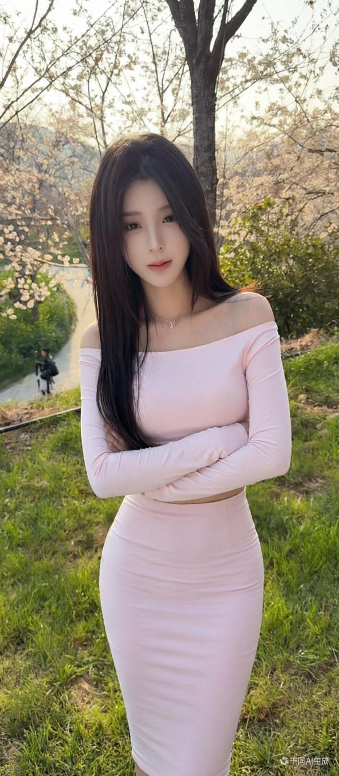 樱花树下，粉裙少女，春日气息满满🌸💕