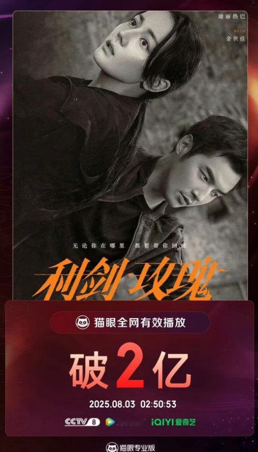 《利剑玫瑰》全网有效播放量破 2 亿，迪丽热巴在剧中的精彩演绎让角色深入人心。观
