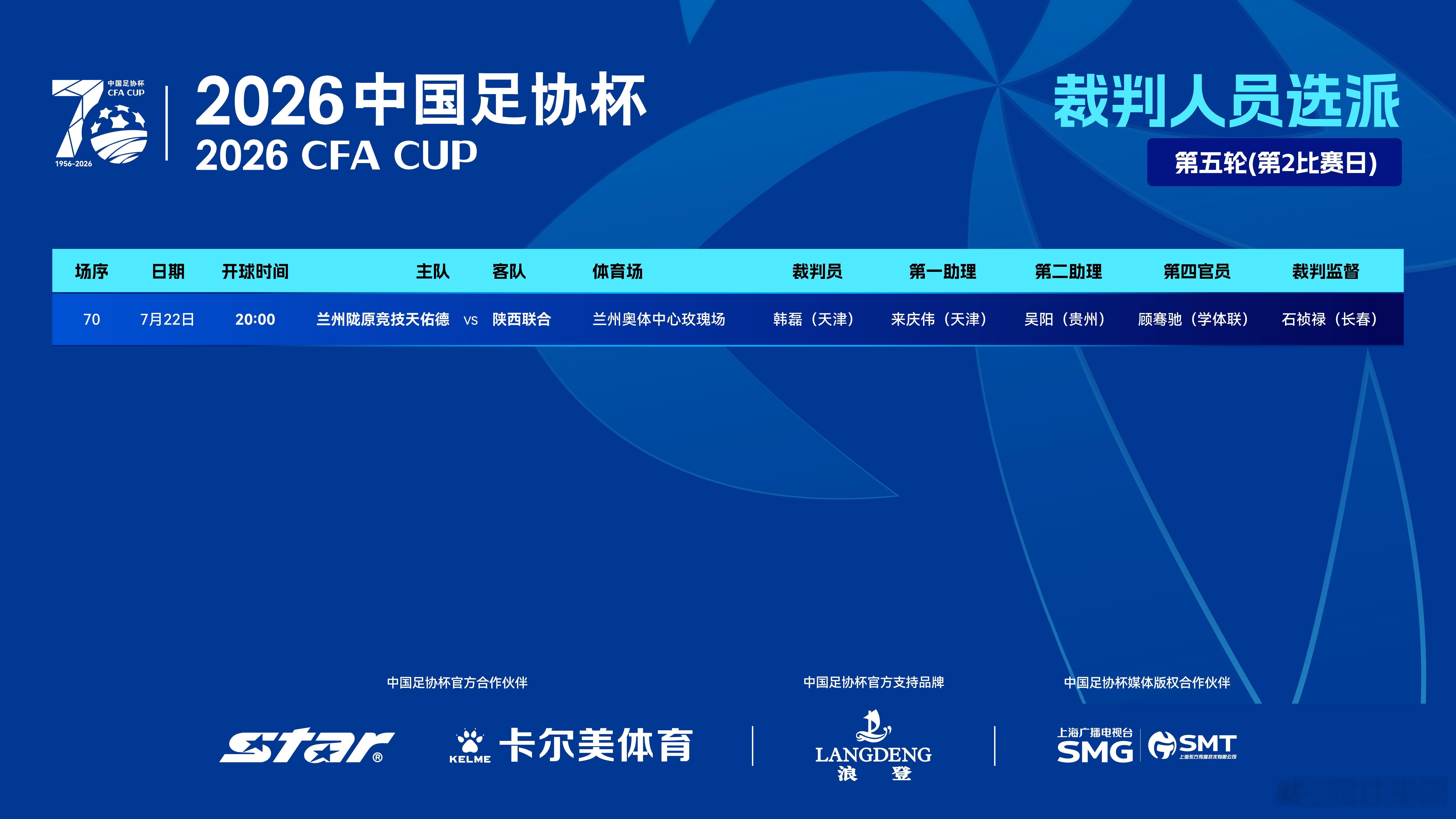 2026中国足协杯 第五轮第2比赛日裁判选派如下 