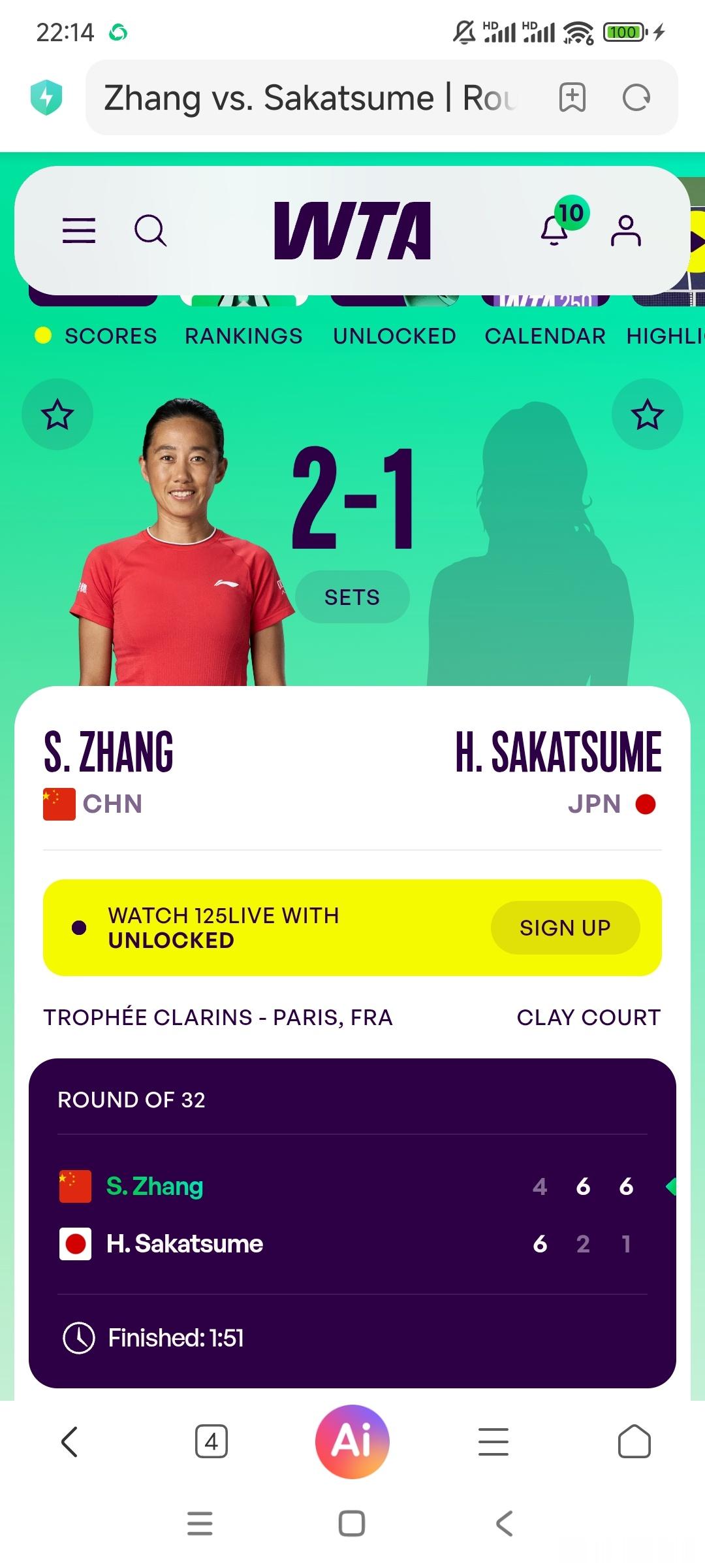 WTA125巴黎站🇫🇷女单第1轮刚刚从罗马站赶到巴黎的张帅🇨🇳4-6/6