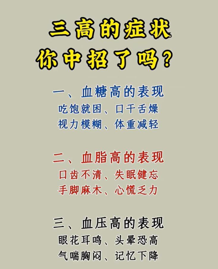 三高各有典型信号，对照自查身体状况