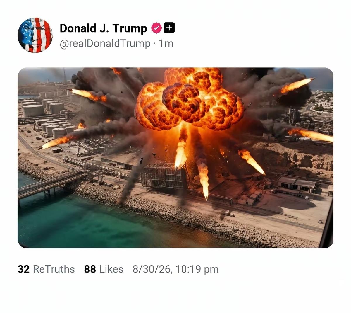 特朗普又发AI视频了。并且一发就是两个。

画面里，美国导弹一波波袭击伊朗的哈尔