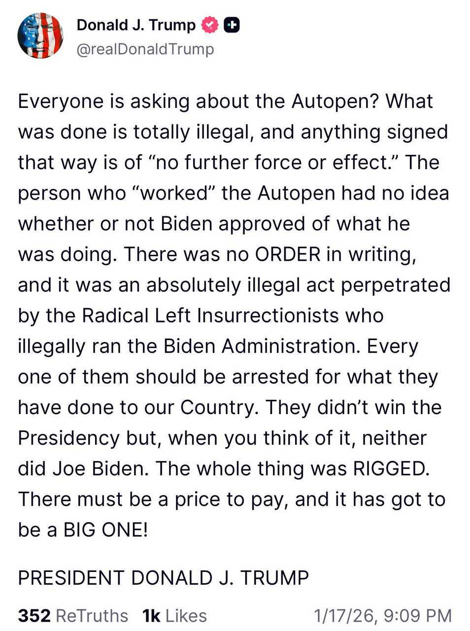 特朗普通过 Truth Social 发声：大家都在问自动签名笔的事？用这种方式