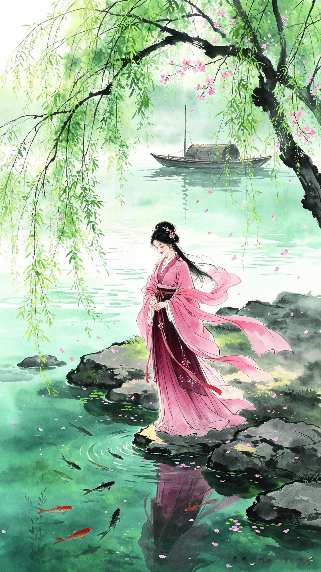 二月东风拂面柔，
垂杨阴里系兰舟。
谁家女子临波笑，
       
…………请
