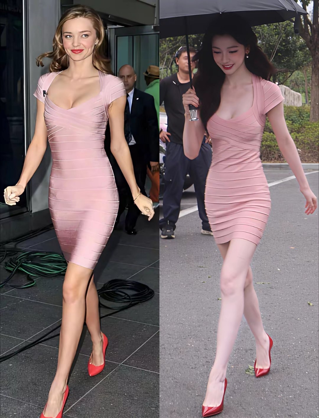 易梦玲&米兰达可儿穿同一套裙子，易梦玲比白人好白，感觉在发光