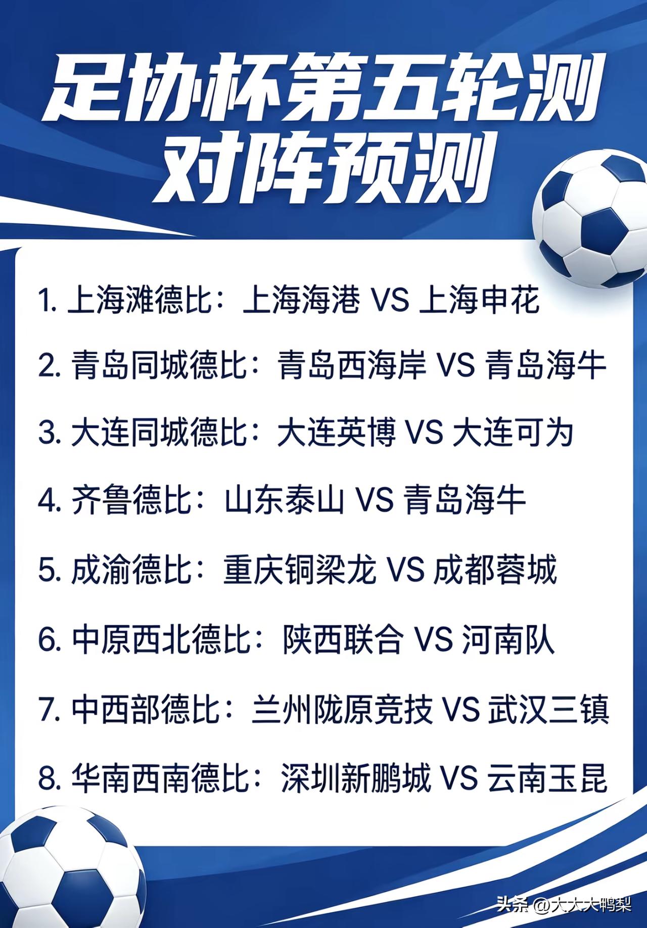 足协杯第五轮抽签对阵，豆包的预测结果，最终等官宣（预计6月25）
足协杯足球赛 