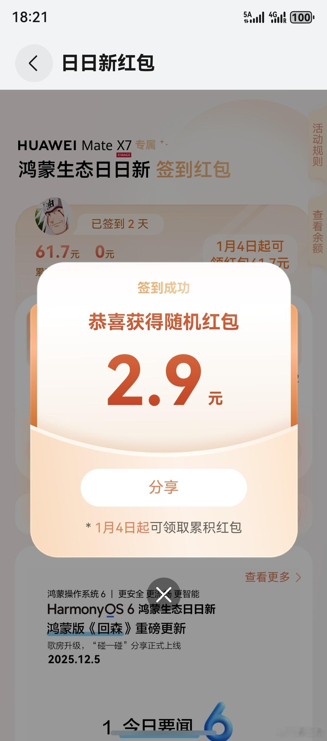 15999元买的华为Mate X7又回本2.9元，昨天第一天才领了58.8元，有