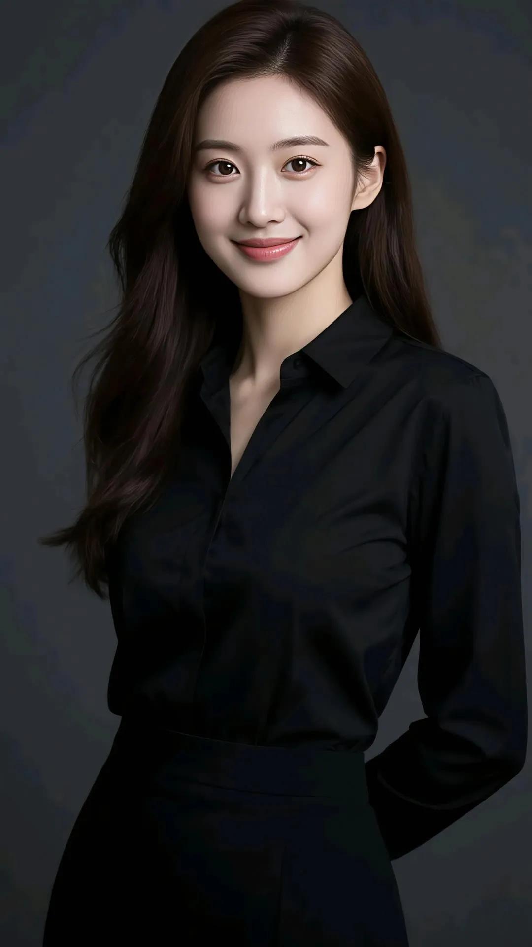 优雅黑衣女郎，自信微笑，职场女性魅力