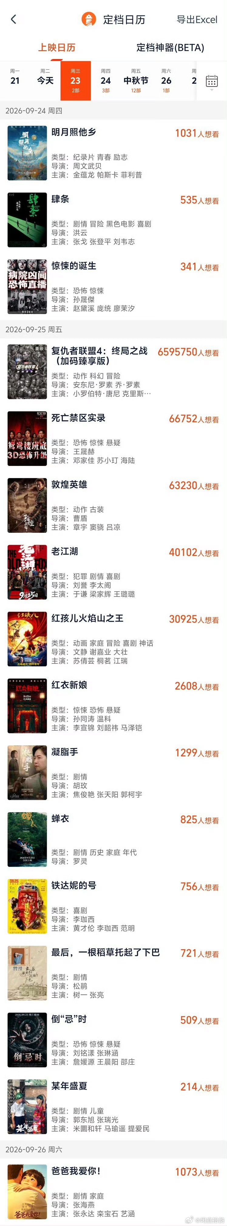 16部影片定档2026中秋档截至9月22日，已有16部影片定档2026年中秋档。