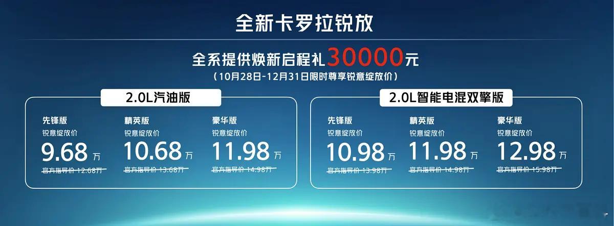 一汽丰田卡罗拉锐放 中期改款正式上市，全系3款燃油+3款混动，一口价9.68-1