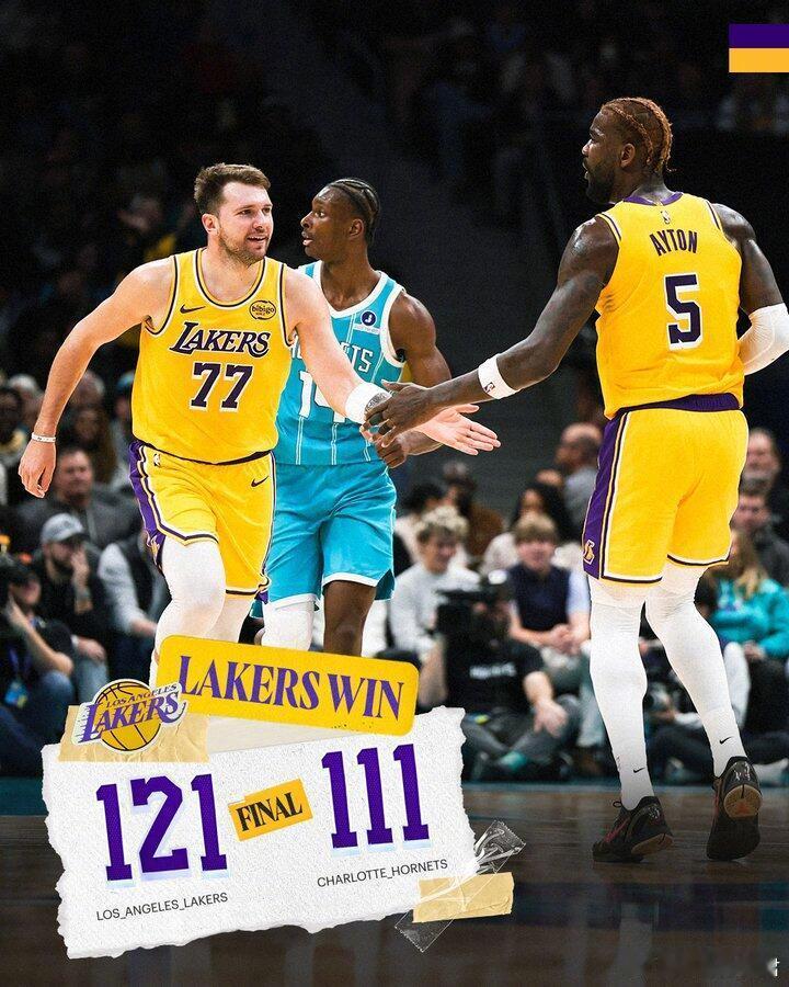 湖人121-111客场力克黄蜂NBA常规赛湖人客场121-111战胜黄蜂。东契奇