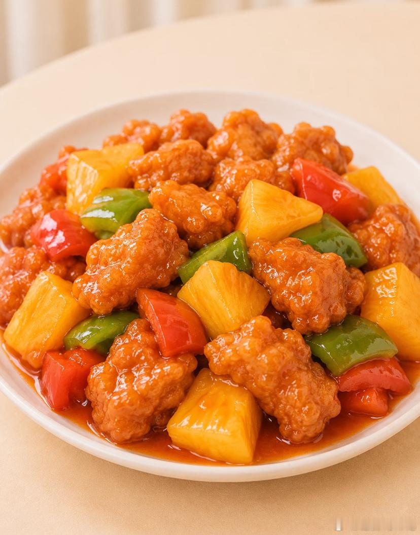 菠萝咕咾肉食材准备里脊肉、菠萝、青椒、红椒、鸡蛋、玉米淀粉、番茄酱、白糖、生抽、