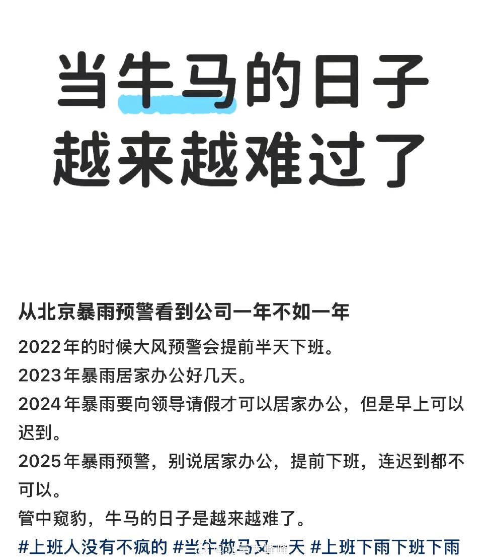 网友，从北京暴雨预警看到公司一年不如一年  ​