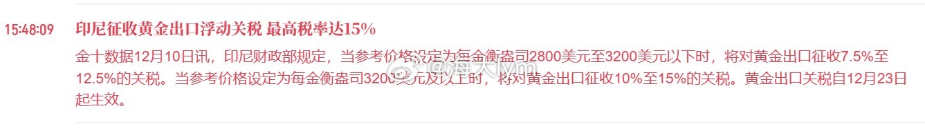 印尼征收黄金出口浮动关税 最高税率达15%印尼财政部规定，当参考价格设定为每金衡
