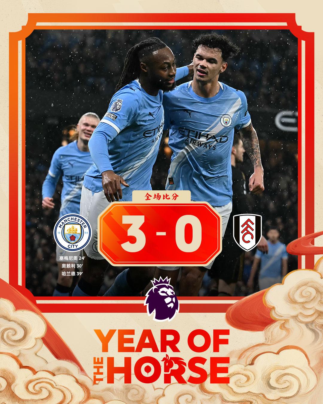 全场比分 | 曼城 3-0 富勒姆

⚽第24分钟，努内斯右路传中被解围，塞梅尼