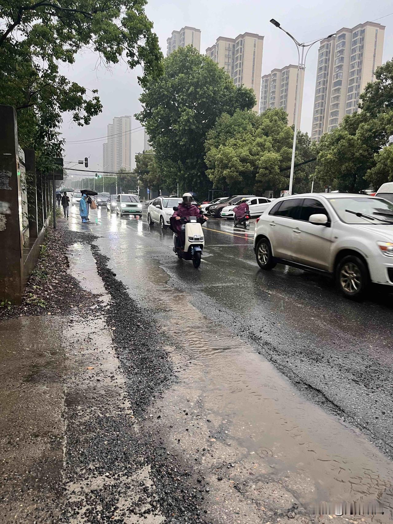 武汉这雨一下，路上就秒变“水上乐园”。
刚出门鞋子就湿了半截，骑车的师傅们裹着雨