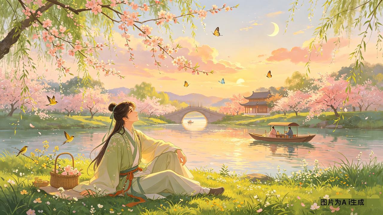 《江城子·春日郊行》珠乡小女

晓风轻拂柳丝柔，
水东流，弄扁舟。
桃李争妍，香