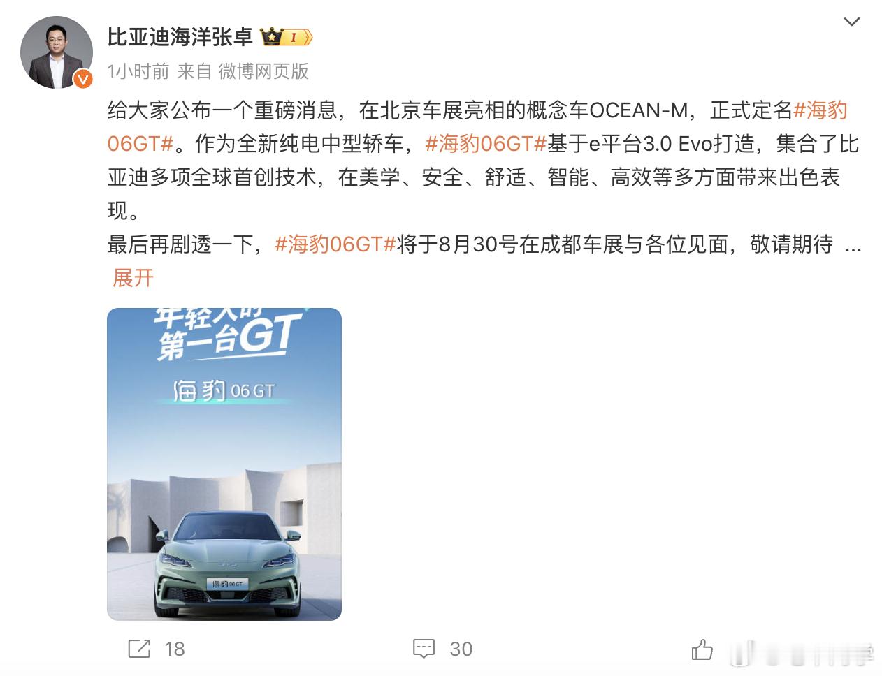 海豹 06 GT 成都车展发布，海报上写的是「年轻人的第一台 GT」。这台车之前
