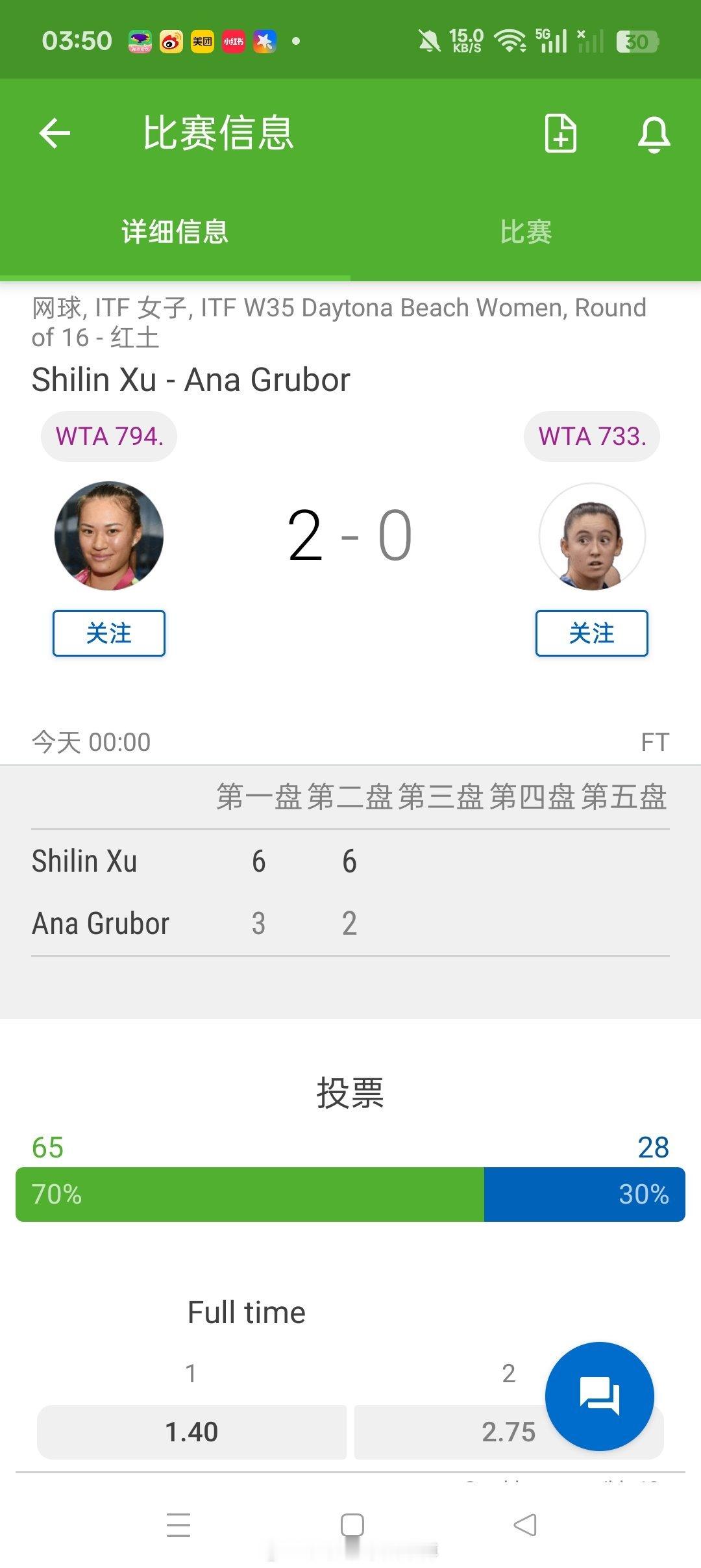 小花小草资讯 【W35德通纳海滩】女单第二轮🇨🇳徐诗霖6-3/6-1击败🇨