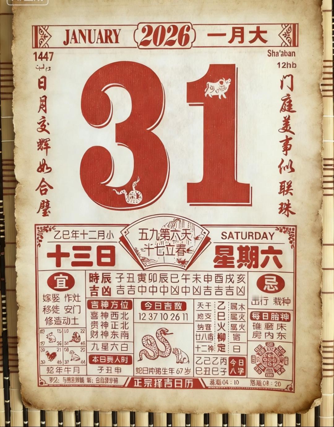 来，咱们一起翻开老黄历，看看2026年1月31日（农历腊月十三，星期六）这一天，