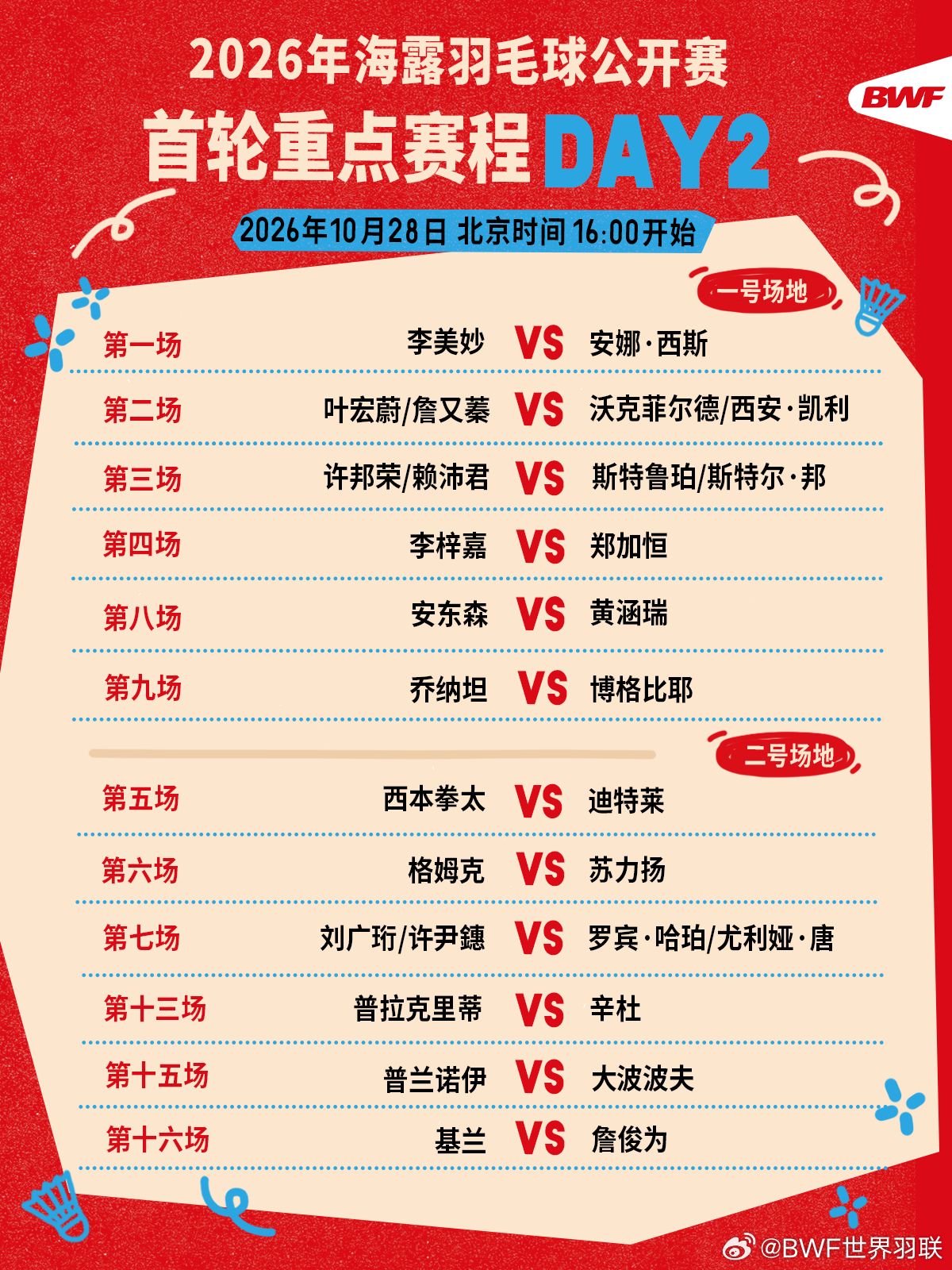 2026年海露羽毛球公开赛 首轮重点赛程🔥第二日赛程 下午四点开打🏸焦点战?