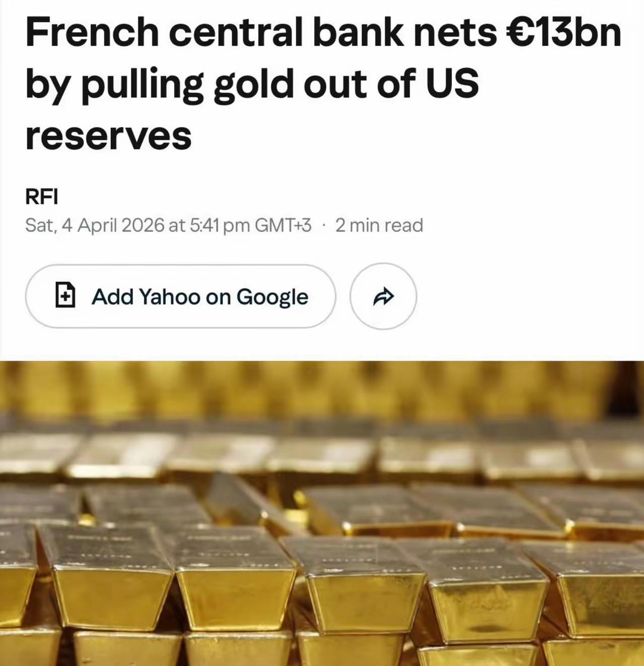 法国央行抛售所有存放在美国的黄金

近日，法国央行出售了129吨存放在美国的黄金