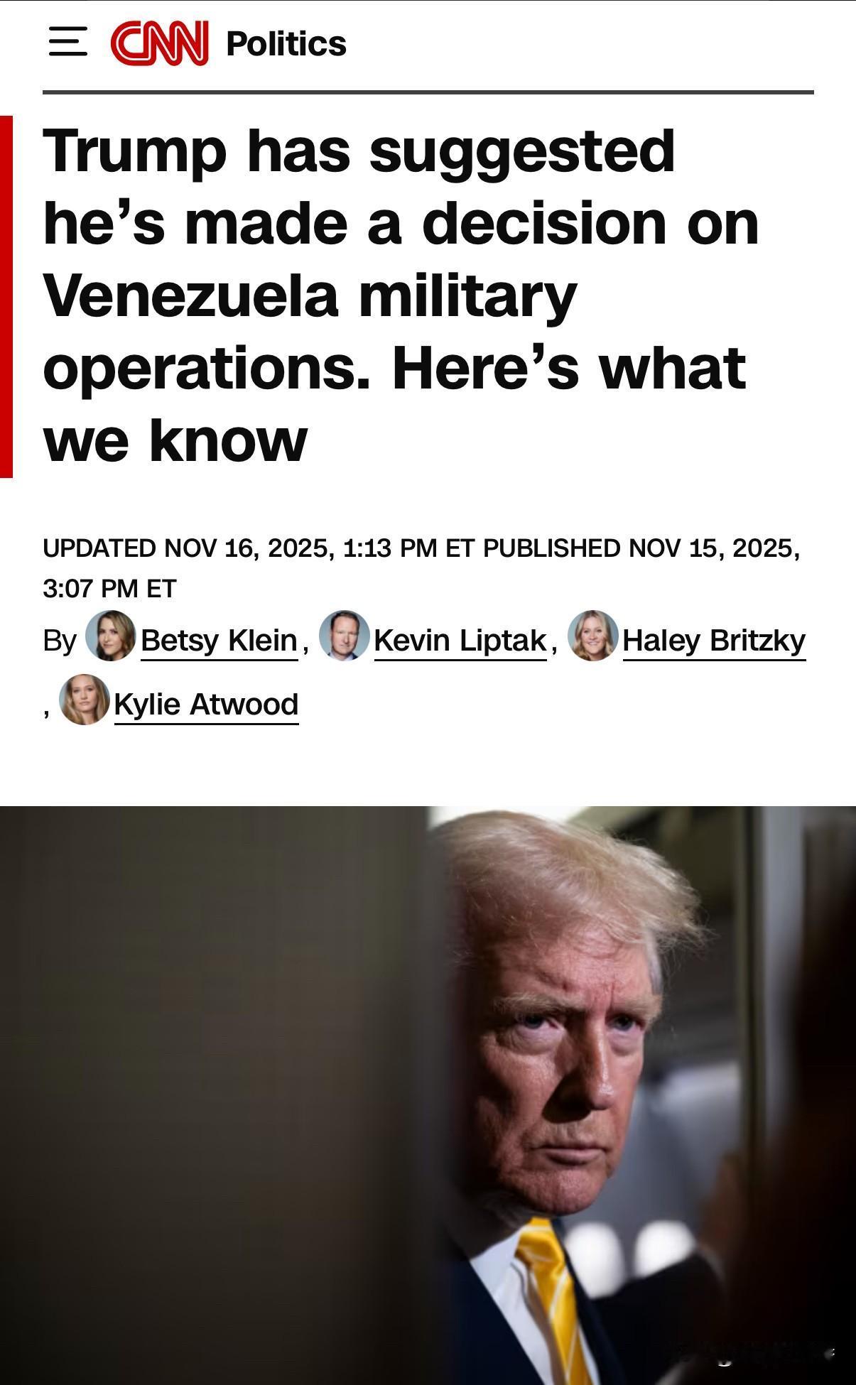 美媒称，16日（当地时间），川普表示，在上周多次高级别简报和美国在该地区的武力展