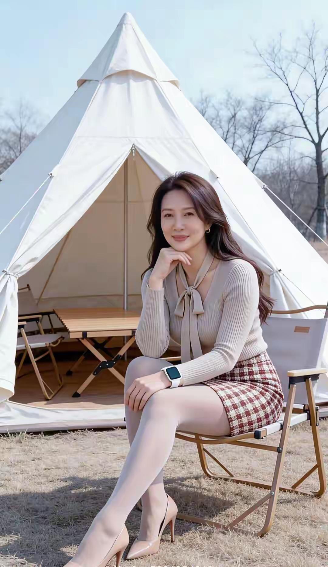 在帐篷前捕捉到一丝微笑，仿佛时间在此刻凝固，享受户外生活的每一刻。