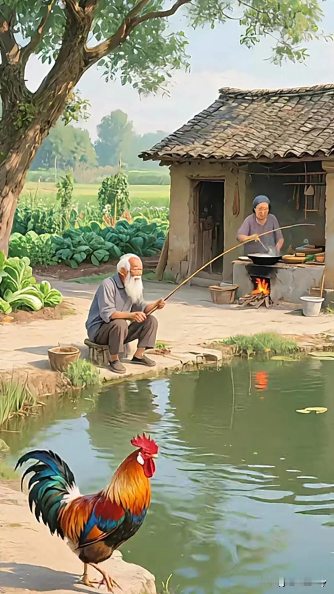 下联：平原旷野隐桃源
上联：屋灶简朴老树鲜
上联：钓翁白发云水间
下联：妇炊红炭