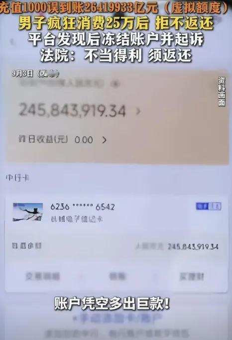 充1000块到账2641.99万亿，花掉25万被判全退。这案子法律判得没毛病，但