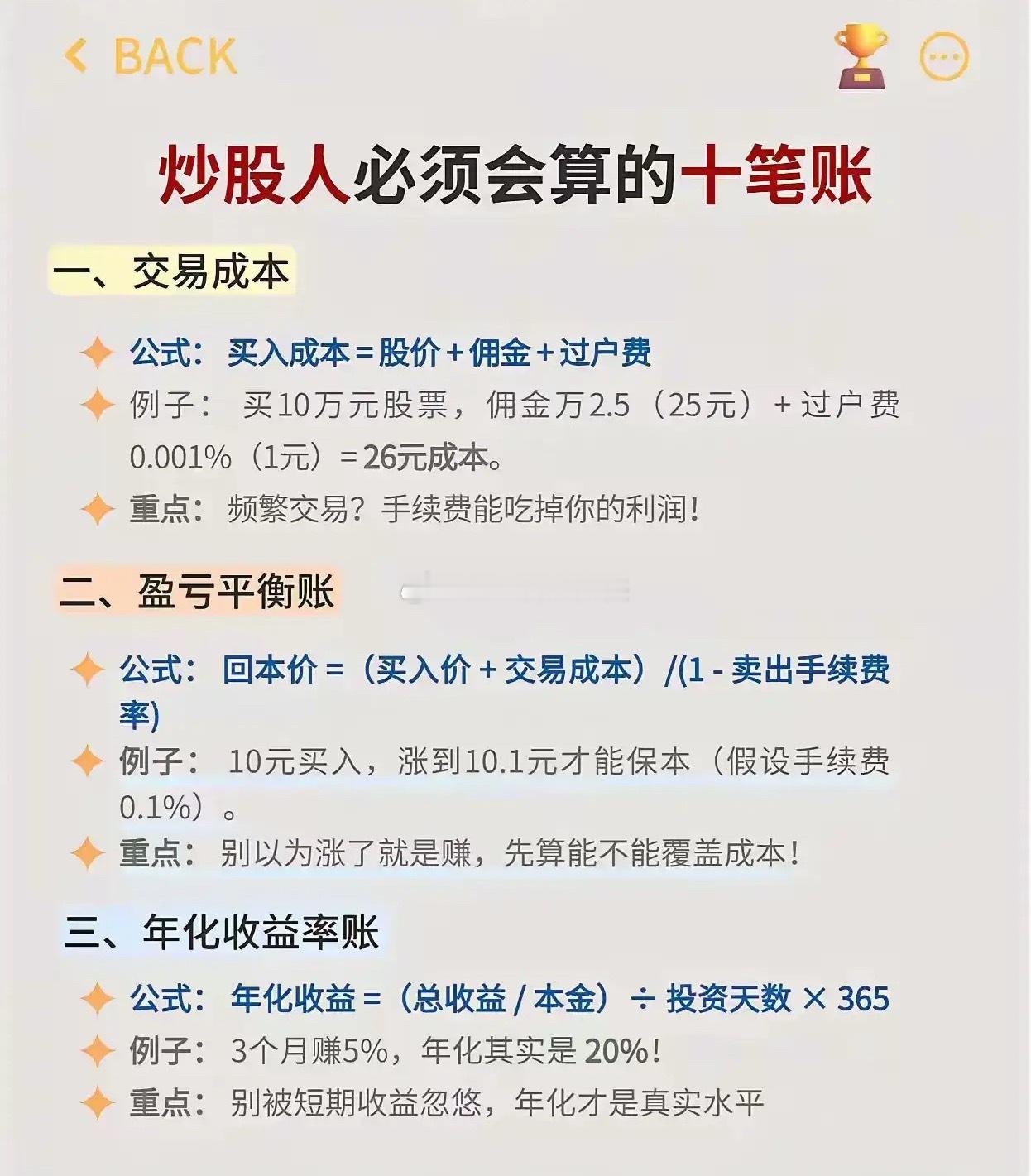 🔥炒股人必须会算的“十笔账”，别再稀里糊涂亏钱了！建议收藏反复看👇1️⃣ 交