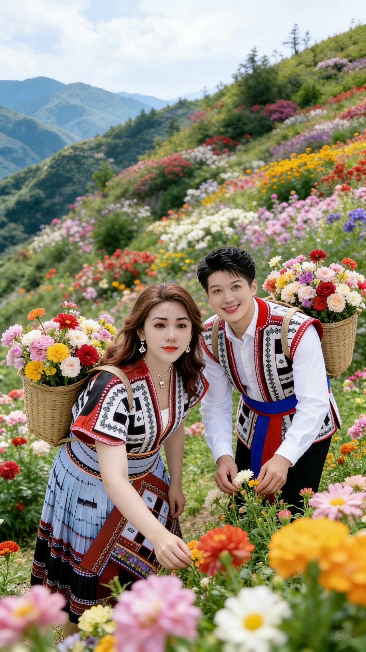 山野情长
青山滴翠百花芳，
苗寨佳侣觅春香。
彩服流彩风情荡，
竹篓盈春笑韵昂。