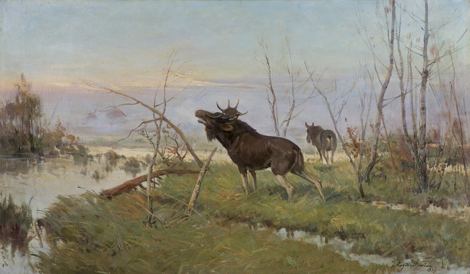 沼泽上的麋鹿，1920s，波兰画家Czesław Wasilewski
