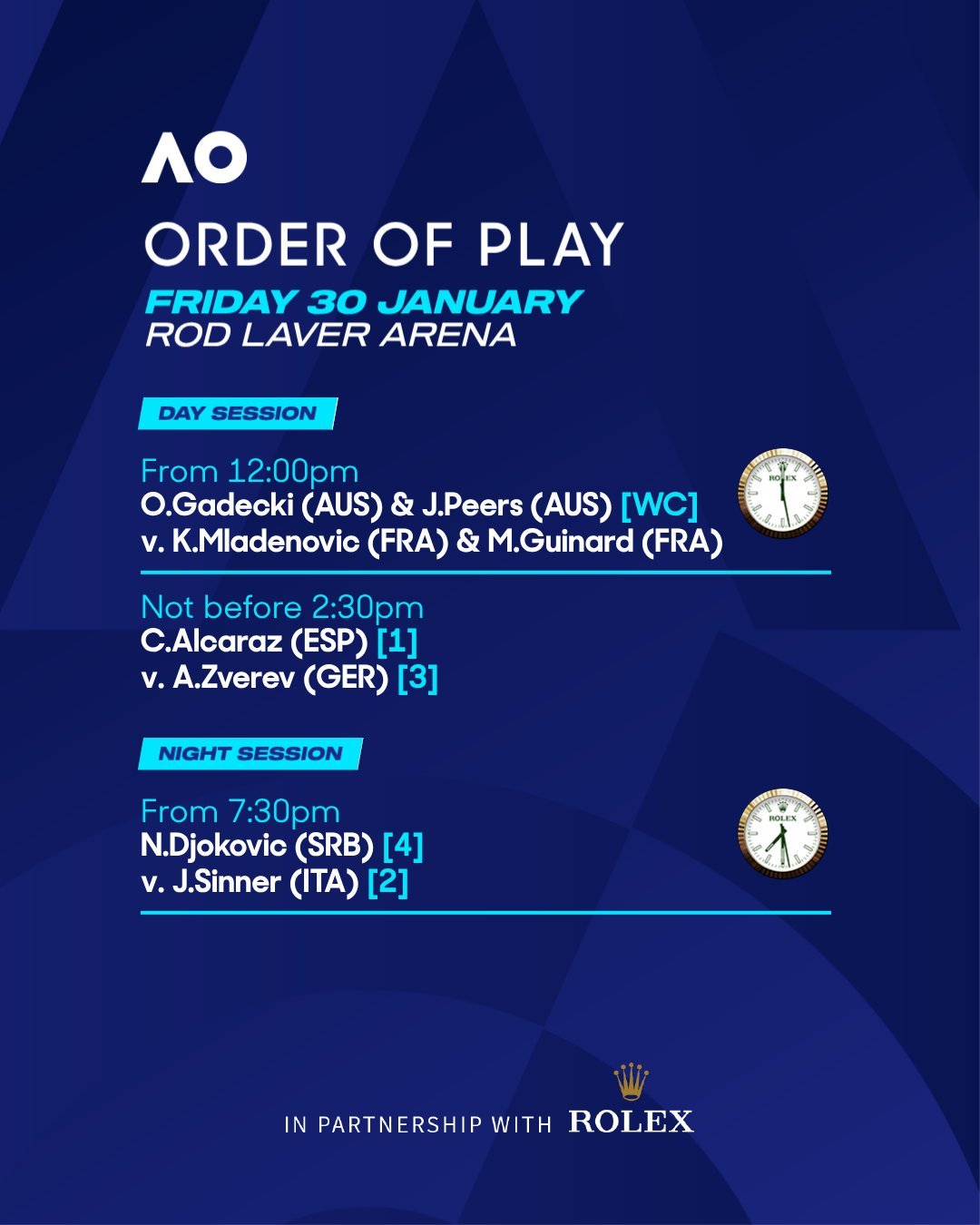 2026澳网半决赛，小德 vs 辛纳，罗德·拉沃尔夜场第一场，北京时间1/30号