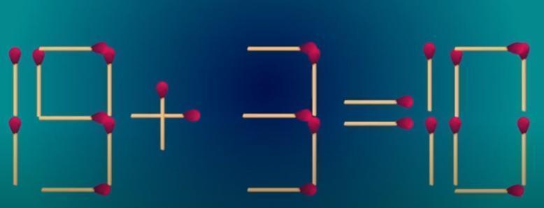 这道谜题中，“19 + 3 = 10” 显然不成立。你的任务是仅移动一根火柴棒，