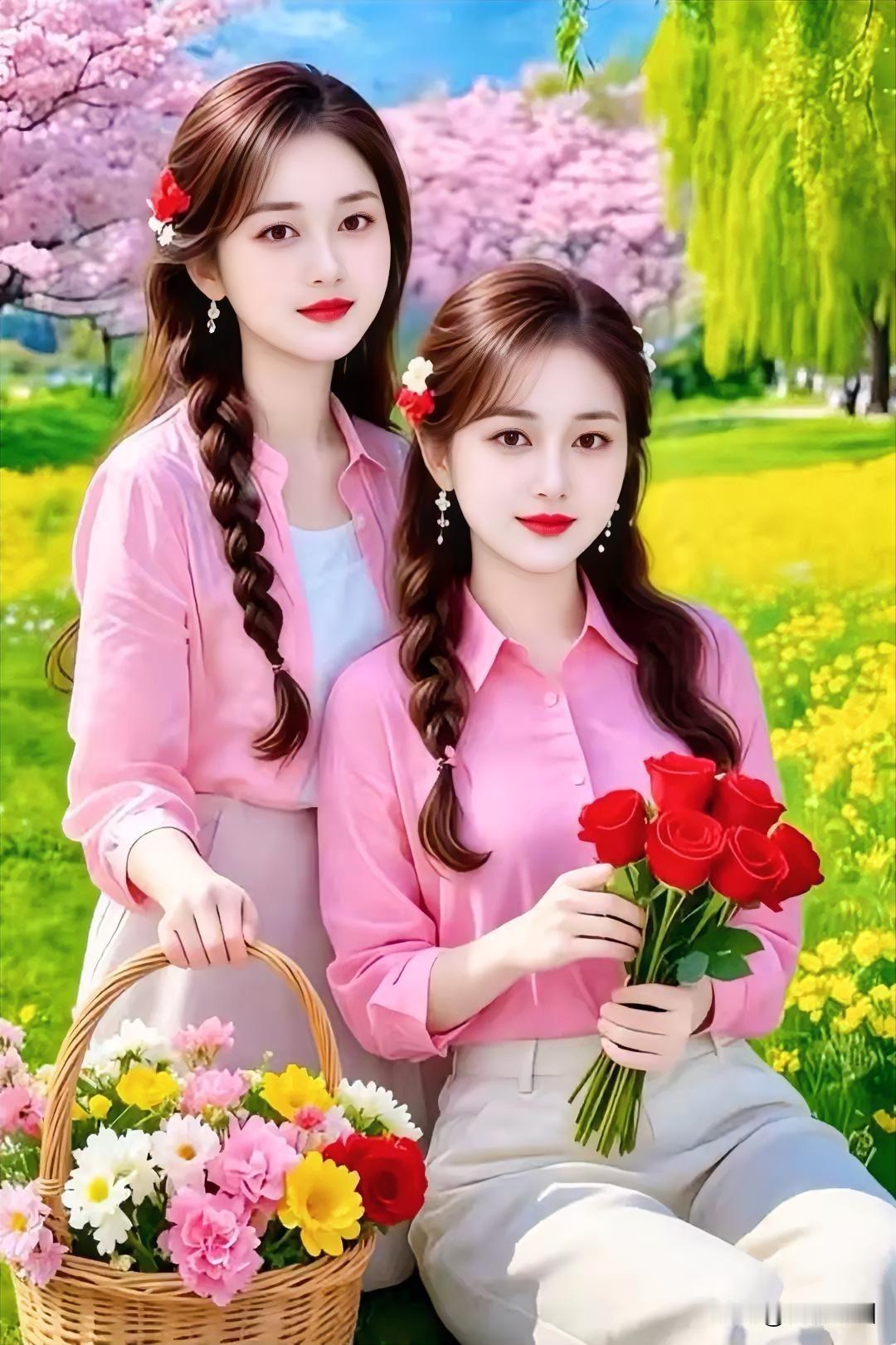 春日花海姐妹情
春日繁花耀碧空，
野餐幽径意无穷。
姐妹欢歌随风漾，
情若繁花映
