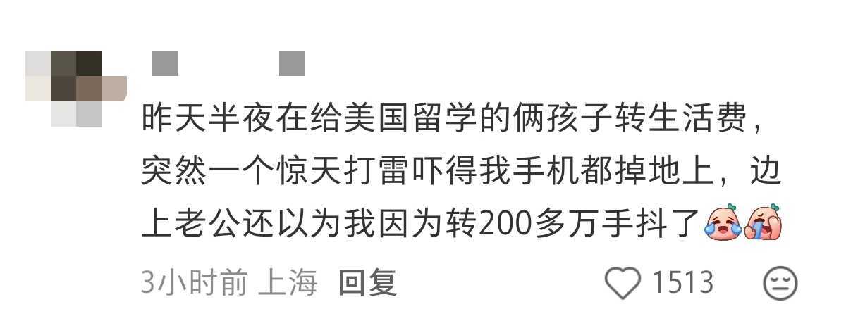 原贴在说打雷，不经意间露出【留学】【生活费】【200w】，意思是我原本转200多