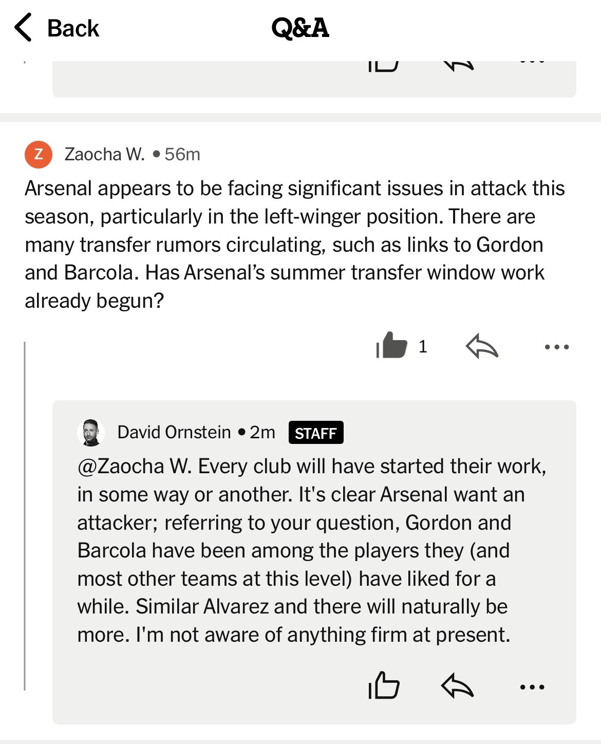 翻译了这么些年的文章，这是DO第一次回复我提出的问题，值了。早茶：阿森纳本赛季在