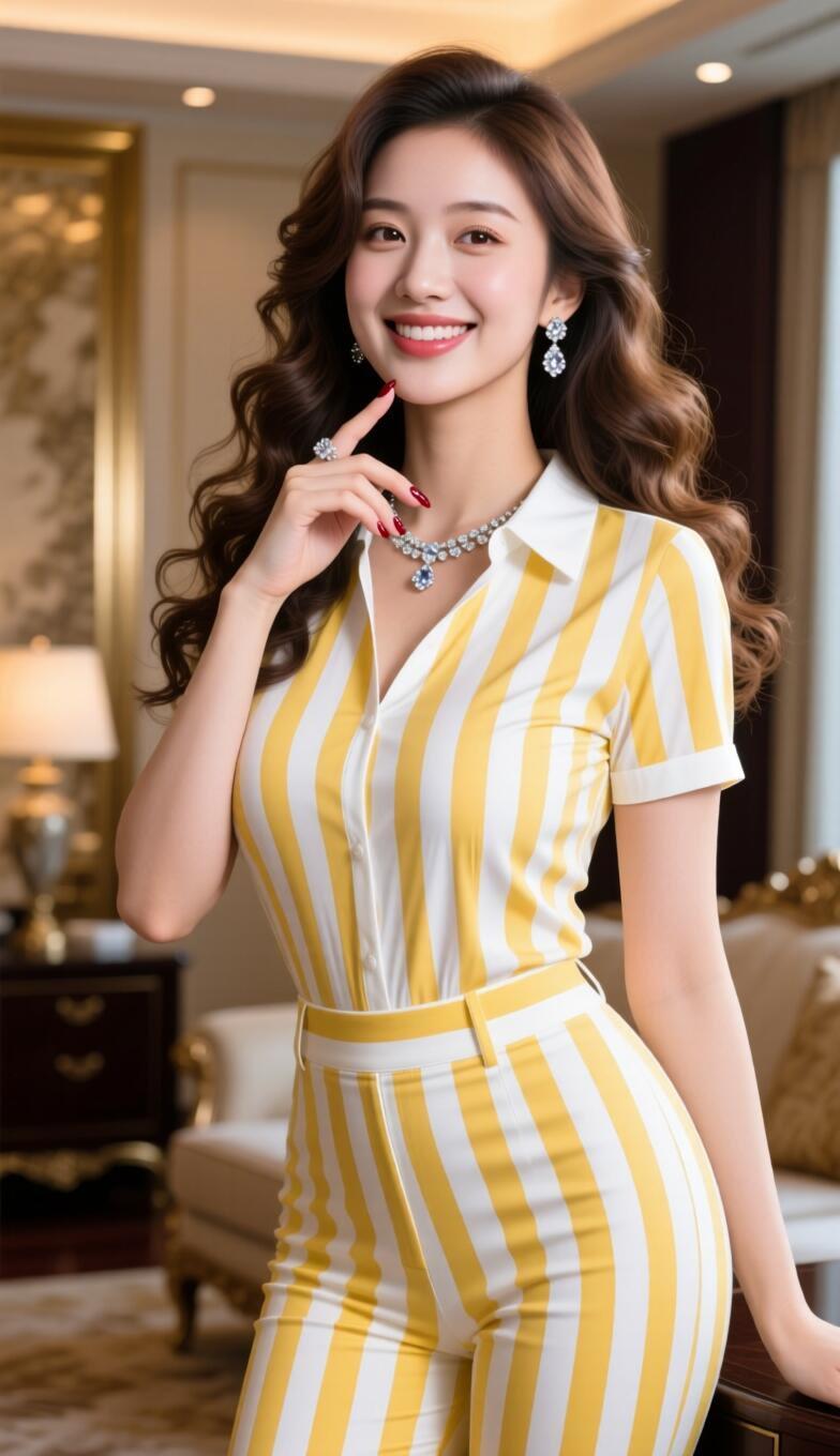 优雅条纹套装，甜美笑容，闪耀珠宝，完美女神范儿！💖✨