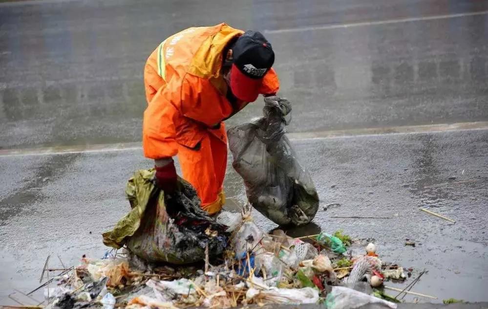 今天，我路过小区门口的垃圾桶，看到一个环卫阿姨在紧张地工作着。她个子不高，脸上已