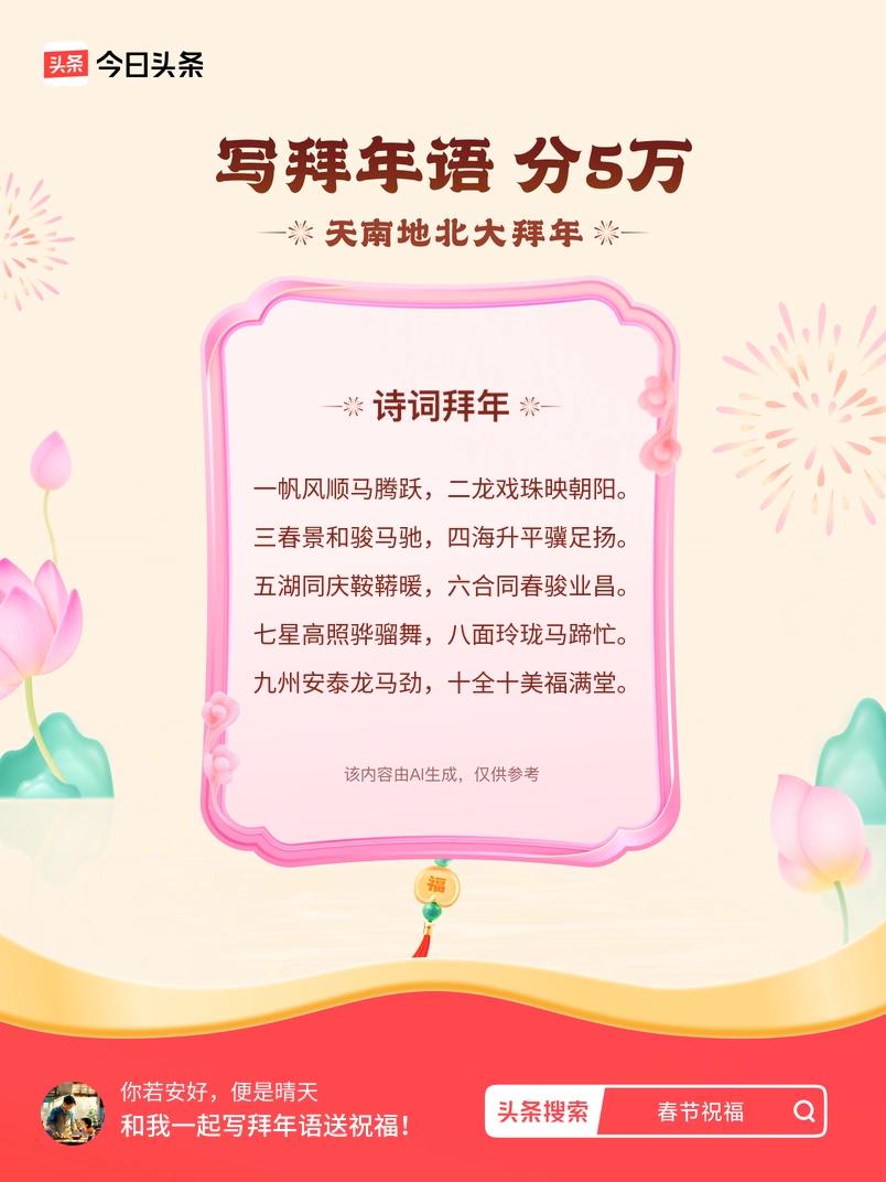 写拜年语送祝福新春拜年送祝福！我的祝福是：“一帆风顺马腾跃，二龙戏珠映朝阳。三春