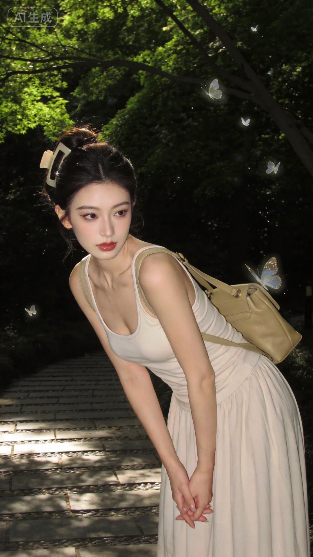 竖向构图，一位身着浅色吊带背心与长裙的女子，她背着一个米色的包，侧身站立在一条铺