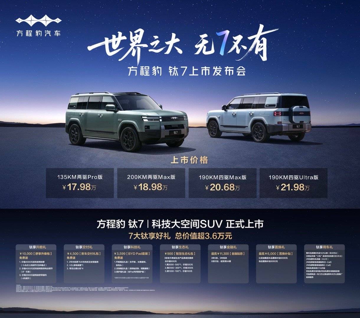 方程豹钛7今天上市，17.98万起的价格杀死比赛。这可是台5米长的方盒子SUV，